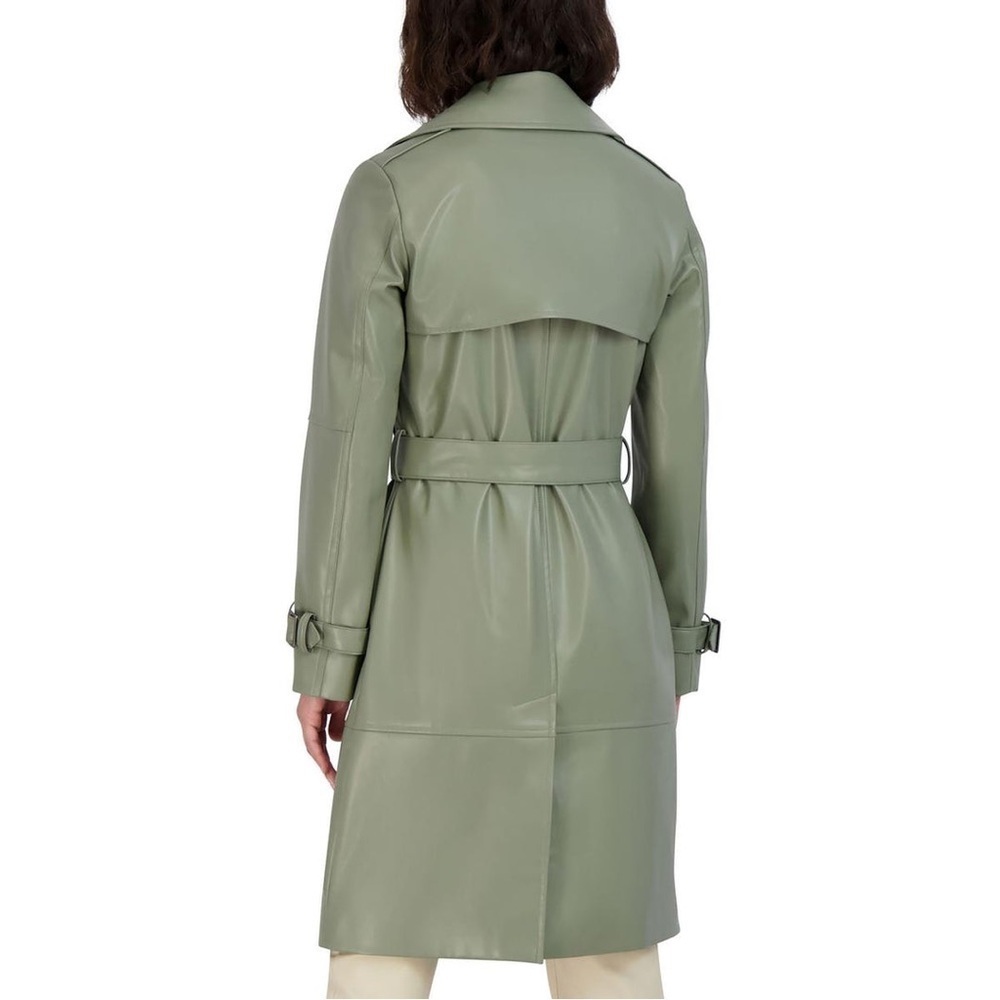 Elie Tahari Sage Green Vegan Leather Belted Trench Coat Large - Picture 6 of 10